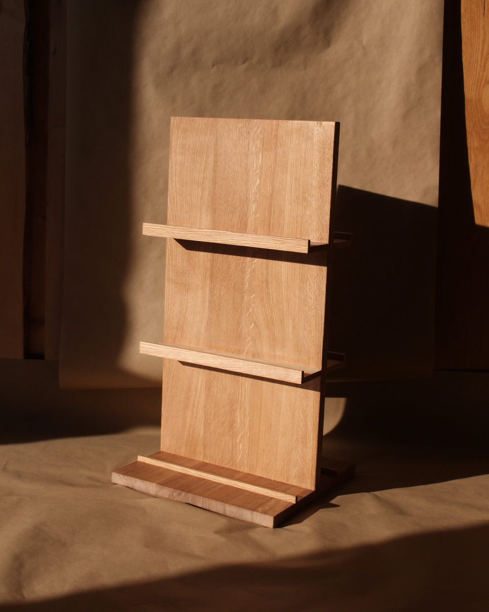 Double-sided solid oak card display for 12–18 cards