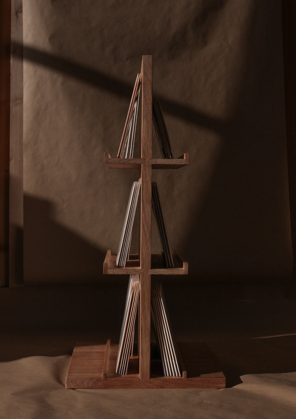 Double-sided solid oak card display for 12–18 cards