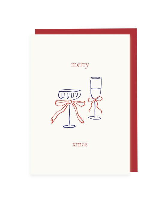 Klappkarte 'merry xmas' Gläser und Schleife (Risographie)
