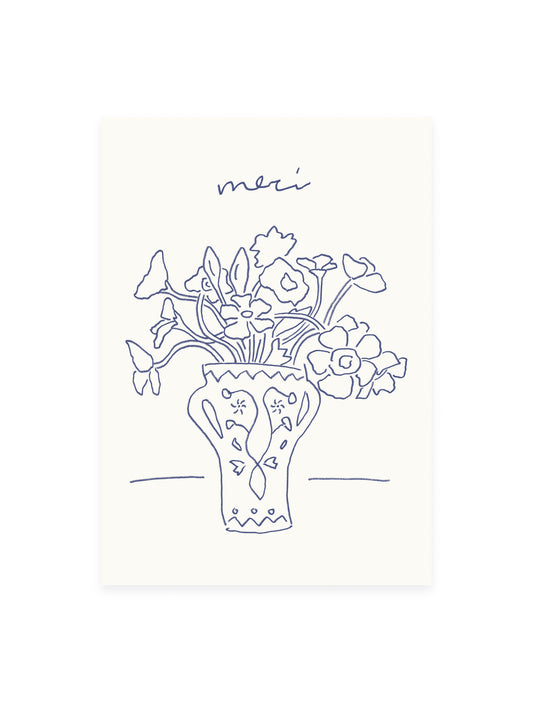 Postkarte 'merci' Blumenvase (Risographie)