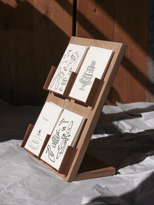 Solid wood card stand for DIN C6 folding cards (loan available)